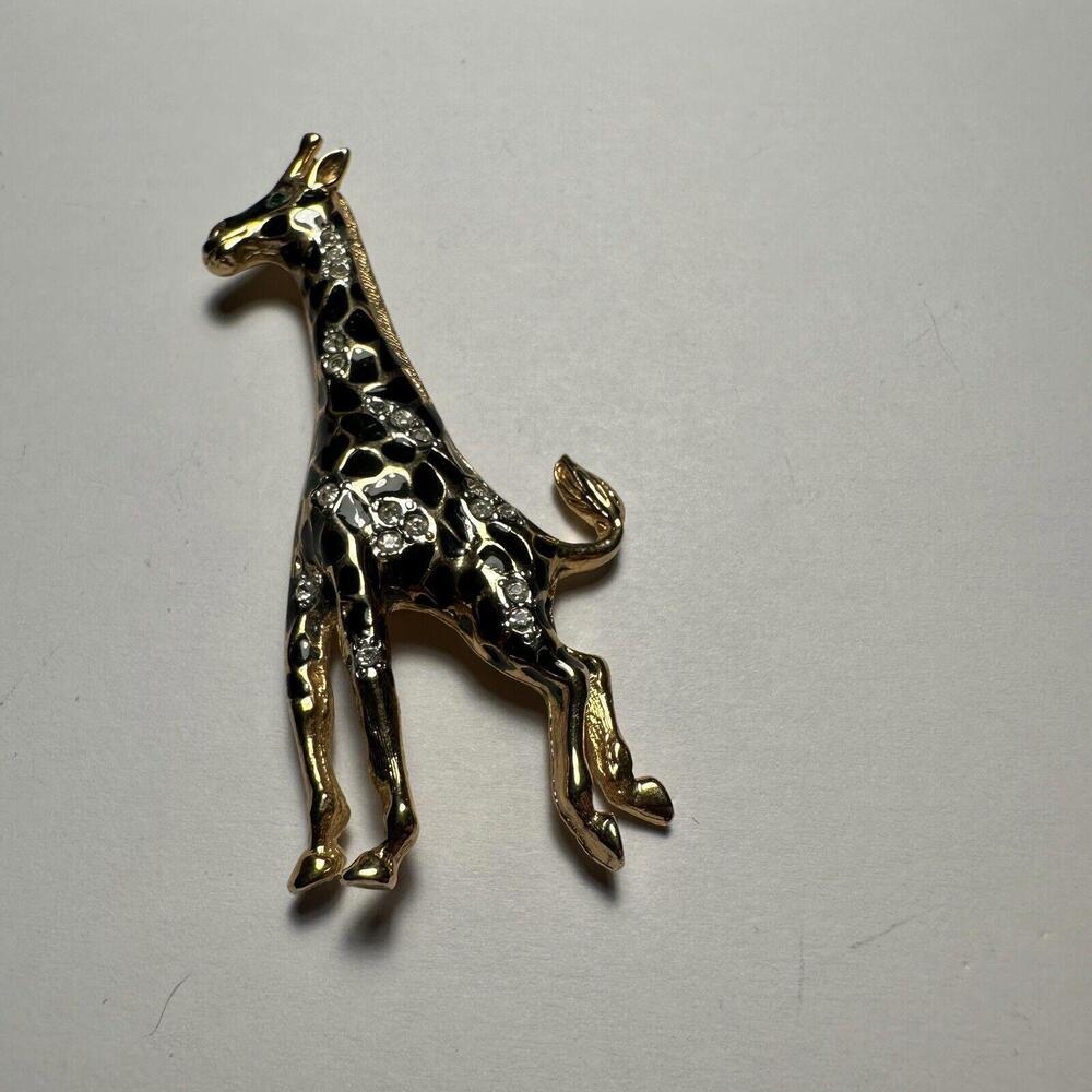 Safari Giraffe Large 3 Inch Rhinestone Black Enamel Gold Tone Brooch By CRAFT